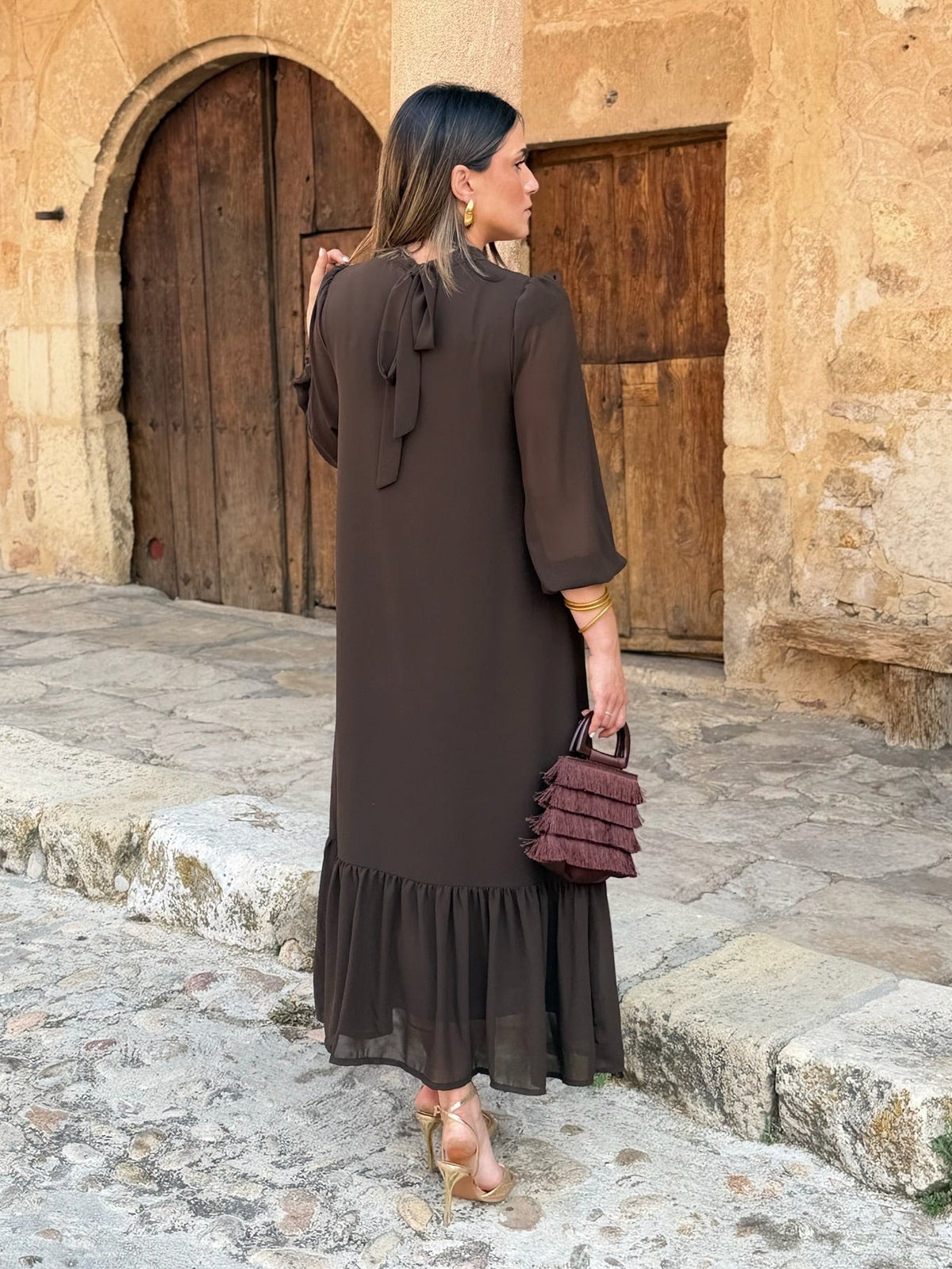 Augustine | Robe Midi Chocolat à Volant Asymétrique