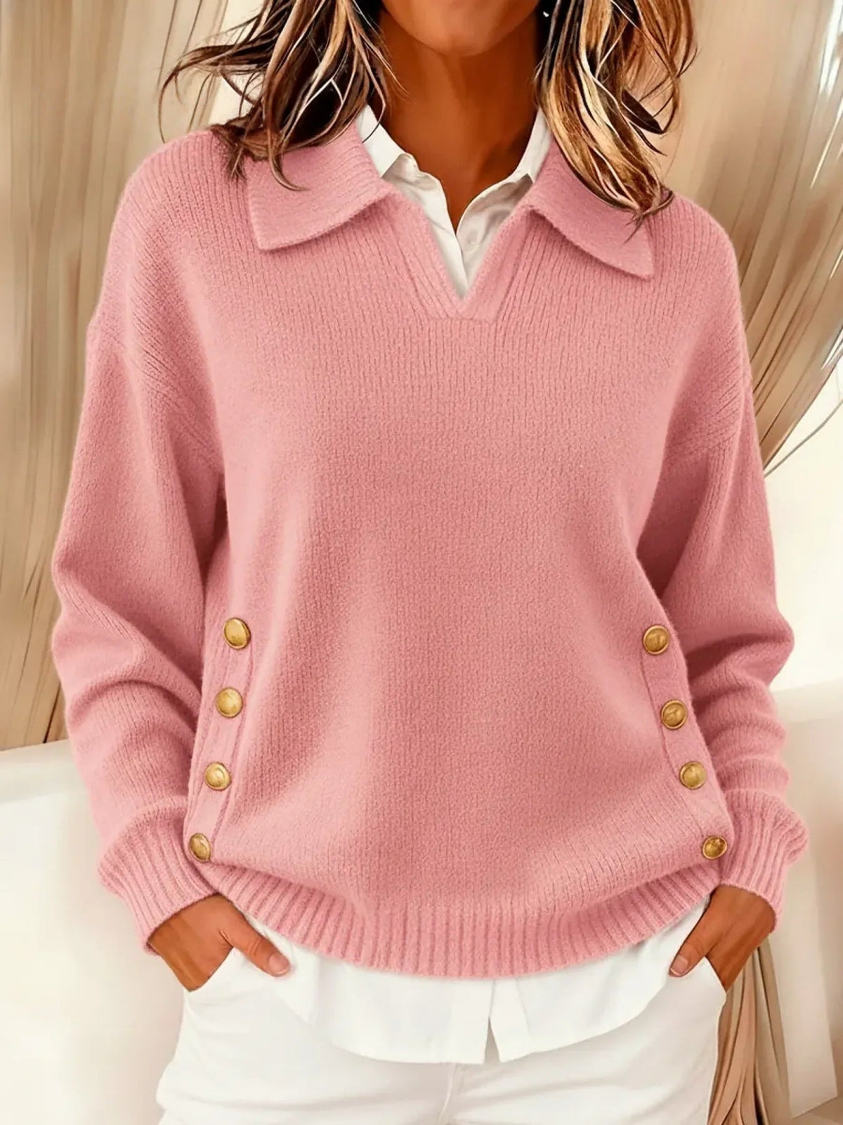 Colette | Pull Col Polo à Boutons Dorés