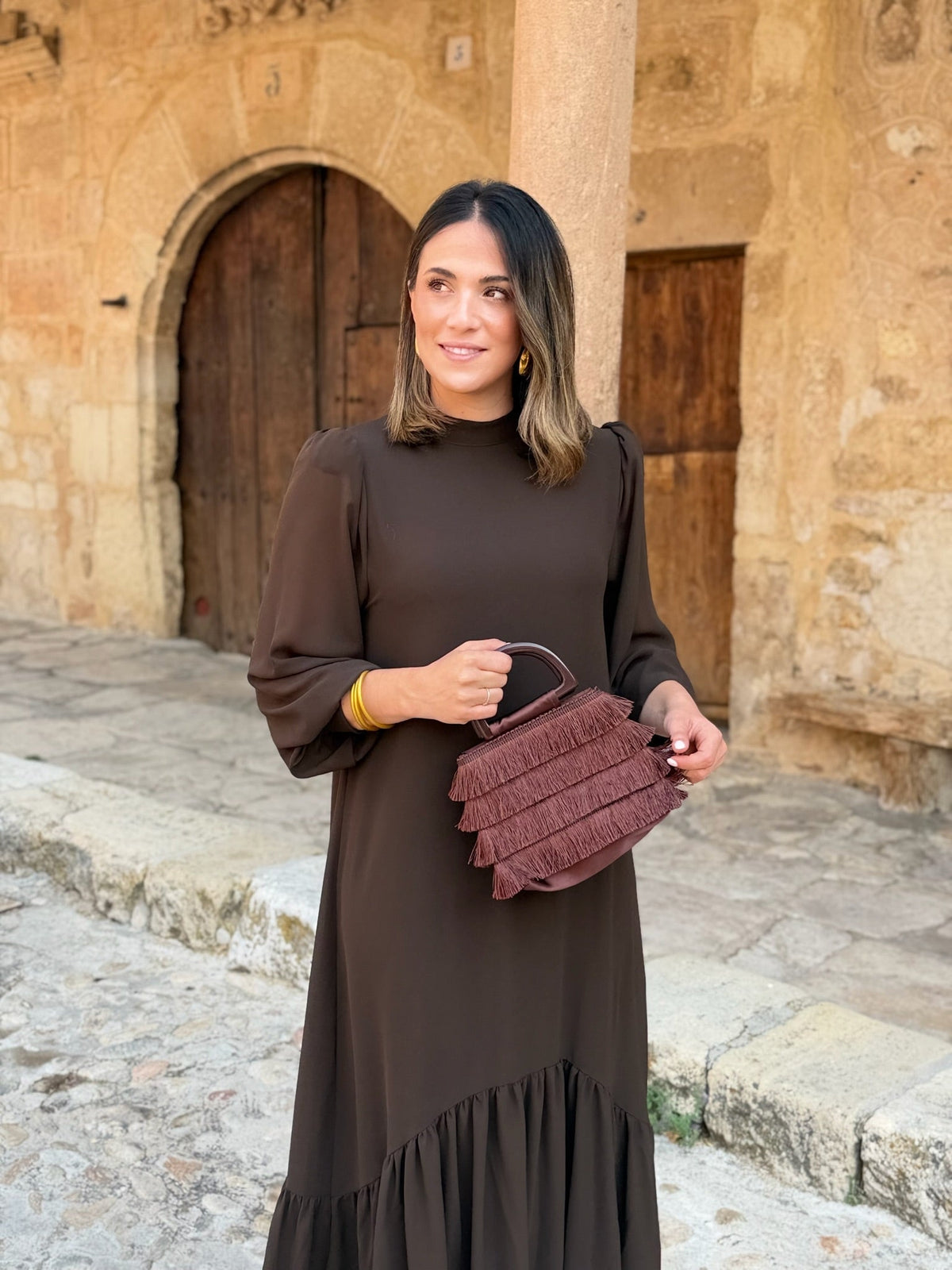 Augustine | Robe Midi Chocolat à Volant Asymétrique