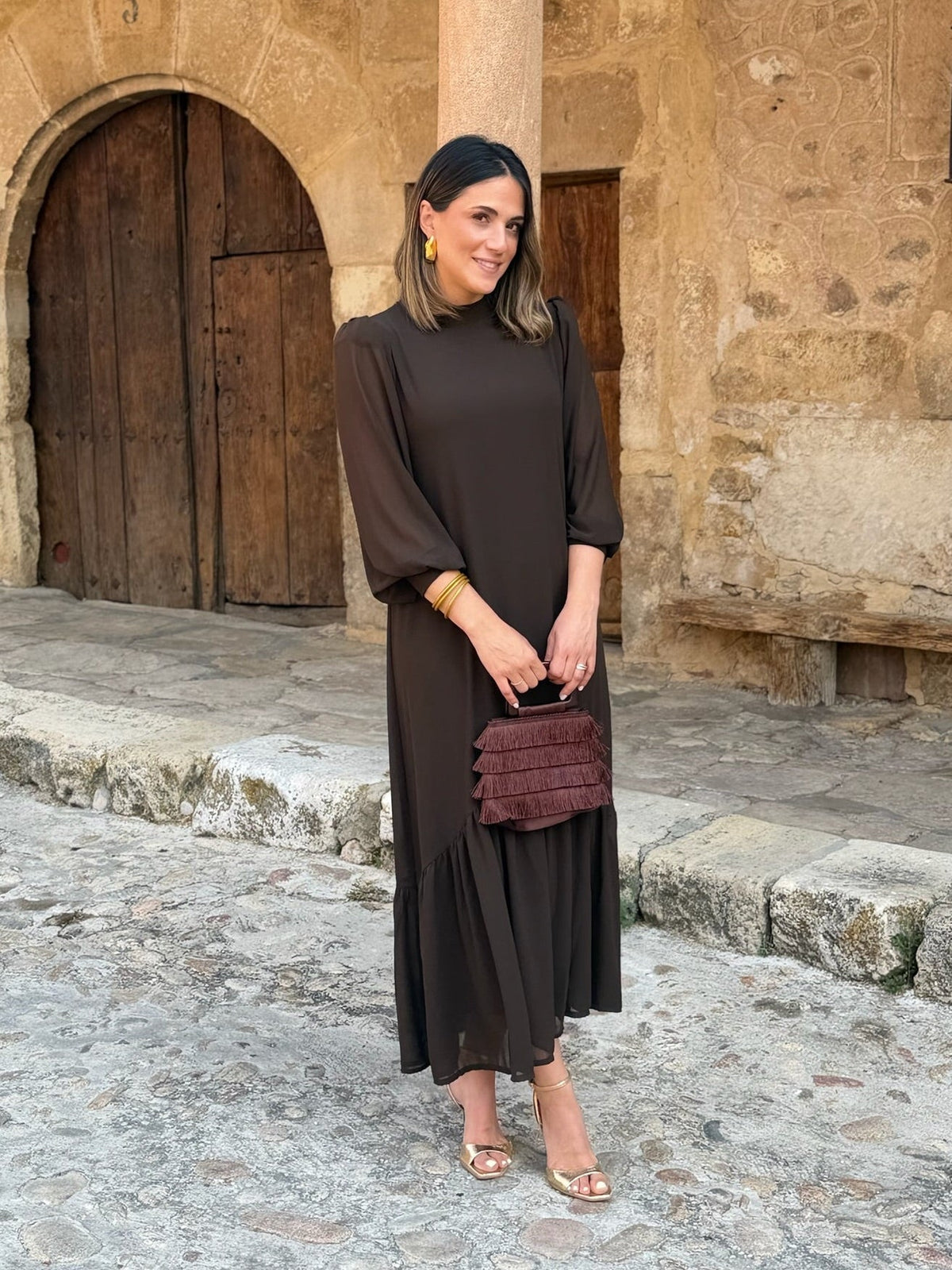 Augustine | Robe Midi Chocolat à Volant Asymétrique