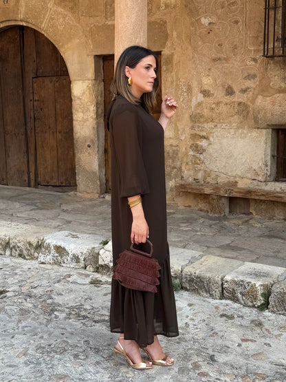 Augustine | Robe Midi Chocolat à Volant Asymétrique