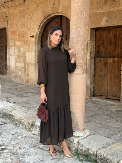Augustine | Robe Midi Chocolat à Volant Asymétrique
