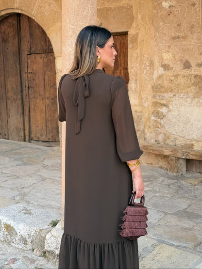 Augustine | Robe Midi Chocolat à Volant Asymétrique
