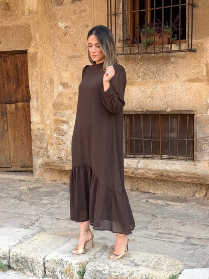 Augustine | Robe Midi Chocolat à Volant Asymétrique