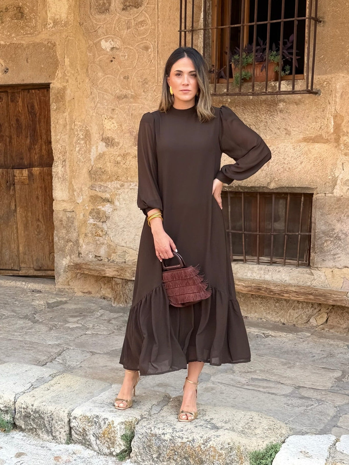 Augustine | Robe Midi Chocolat à Volant Asymétrique