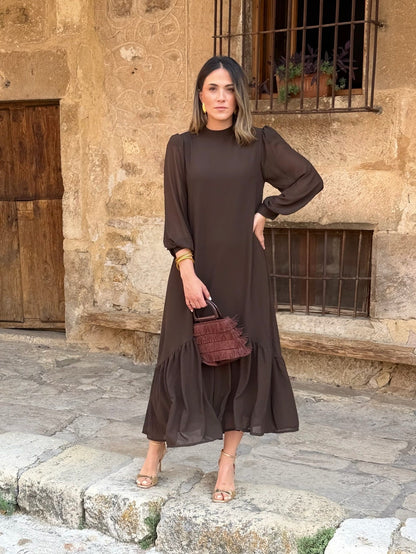 Augustine | Robe Midi Chocolat à Volant Asymétrique