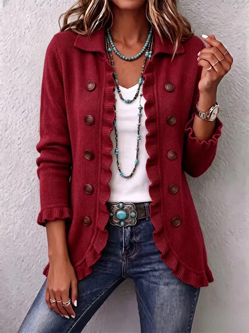 Violette | Veste en Maille Rouge Rubis à Volants