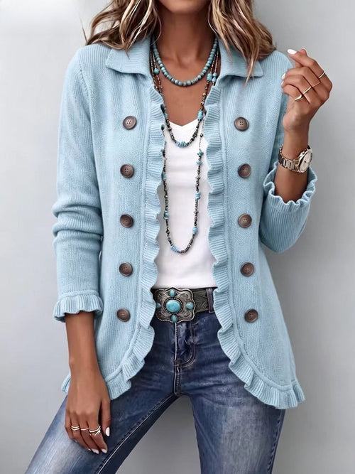 Odette | Veste en Maille Bleu Poudré à Volants