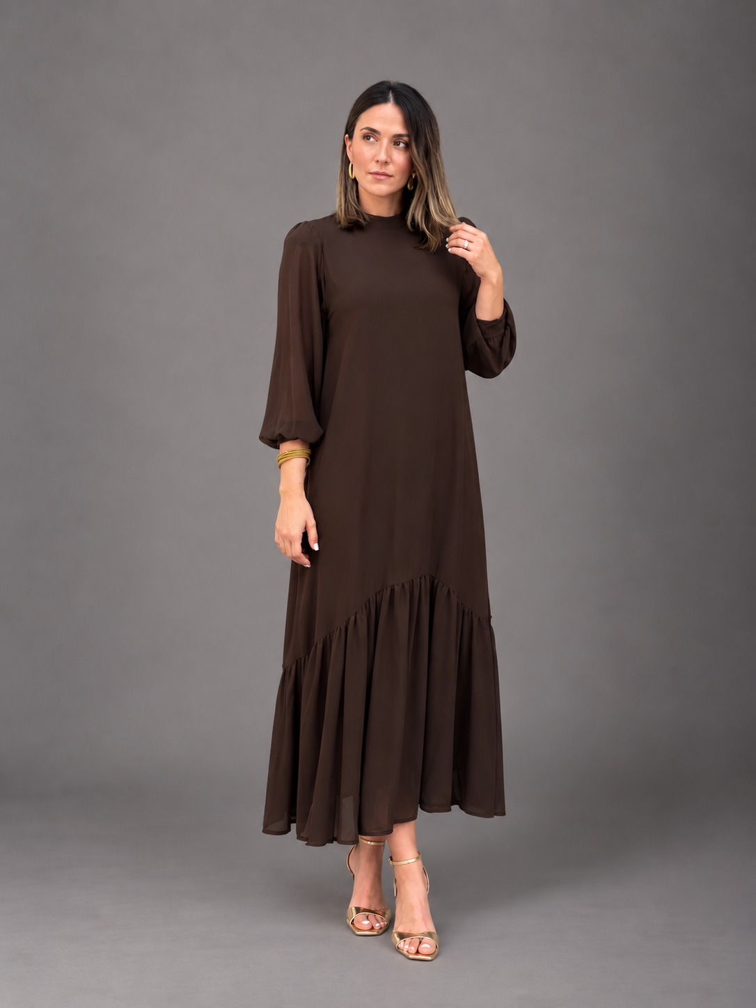 Augustine | Robe Midi Chocolat à Volant Asymétrique