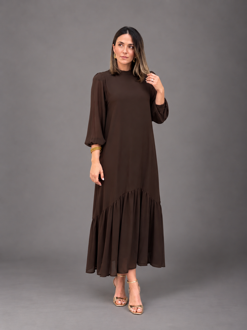 Augustine | Robe Midi Chocolat à Volant Asymétrique