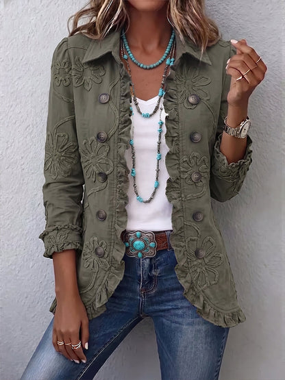 Rosalie | Veste Brodée Vert Rétro à Volants